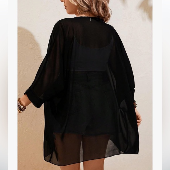 Black top cover up over shirt kaftan tunic top butterfly flared sleeves oversize - Picture 2 of 2